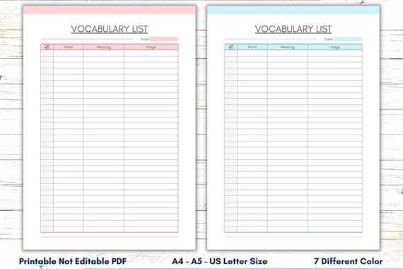 vocabulary templates printable