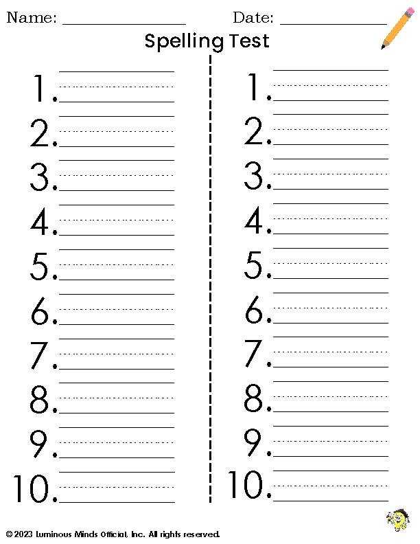 spelling test printable