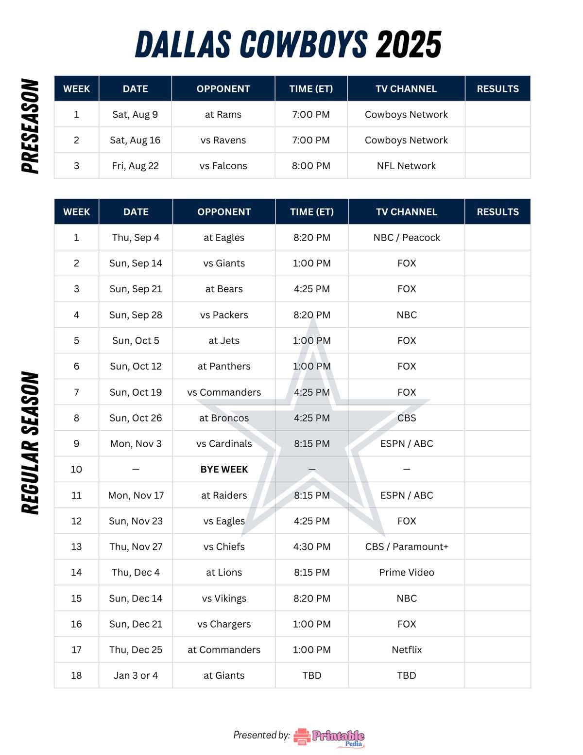printable dallas cowboys schedule