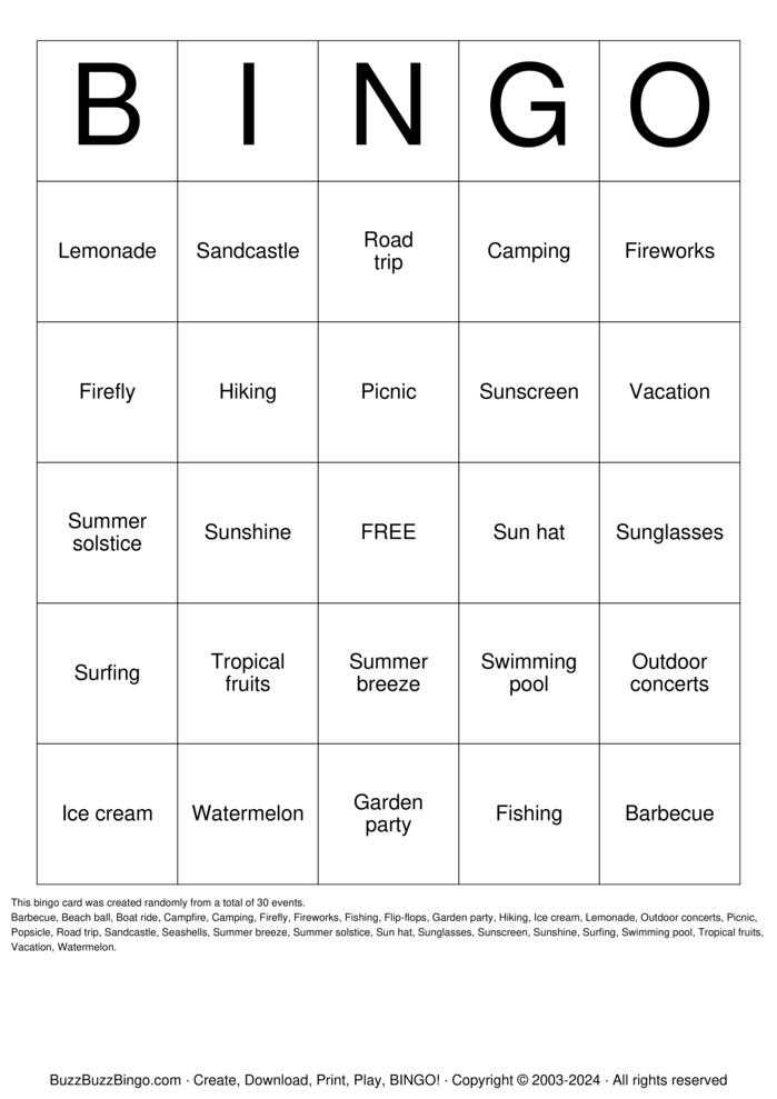 free printable summer bingo cards