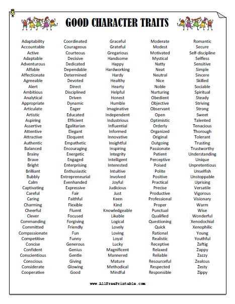printable character traits list printable character traits list