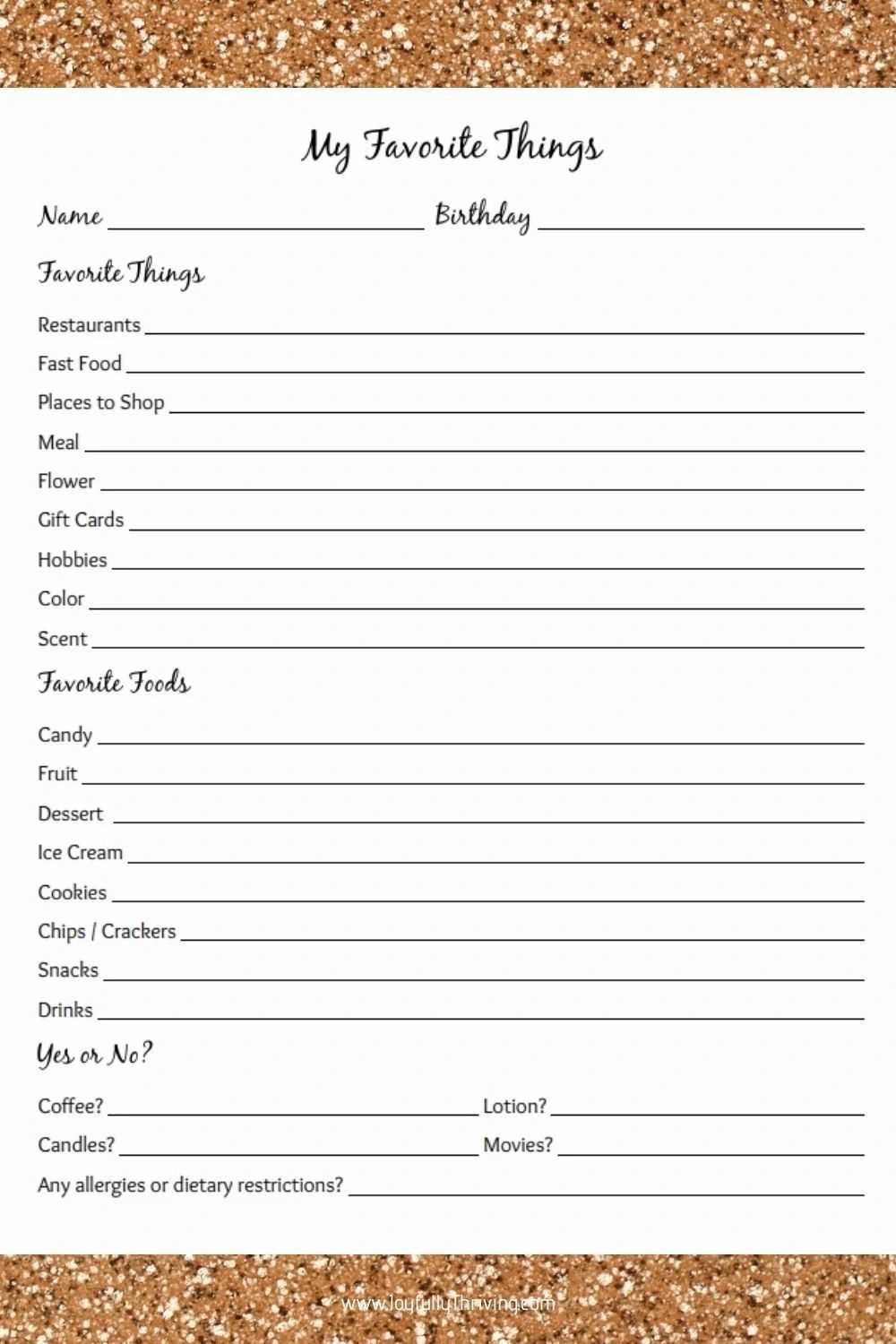 free printable favorite things list